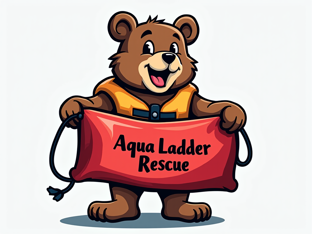 Aqua Ladder Rescue Mascot, a smiling cartoon bear holding a water rescue bag that says Aqua Ladder Rescue on it